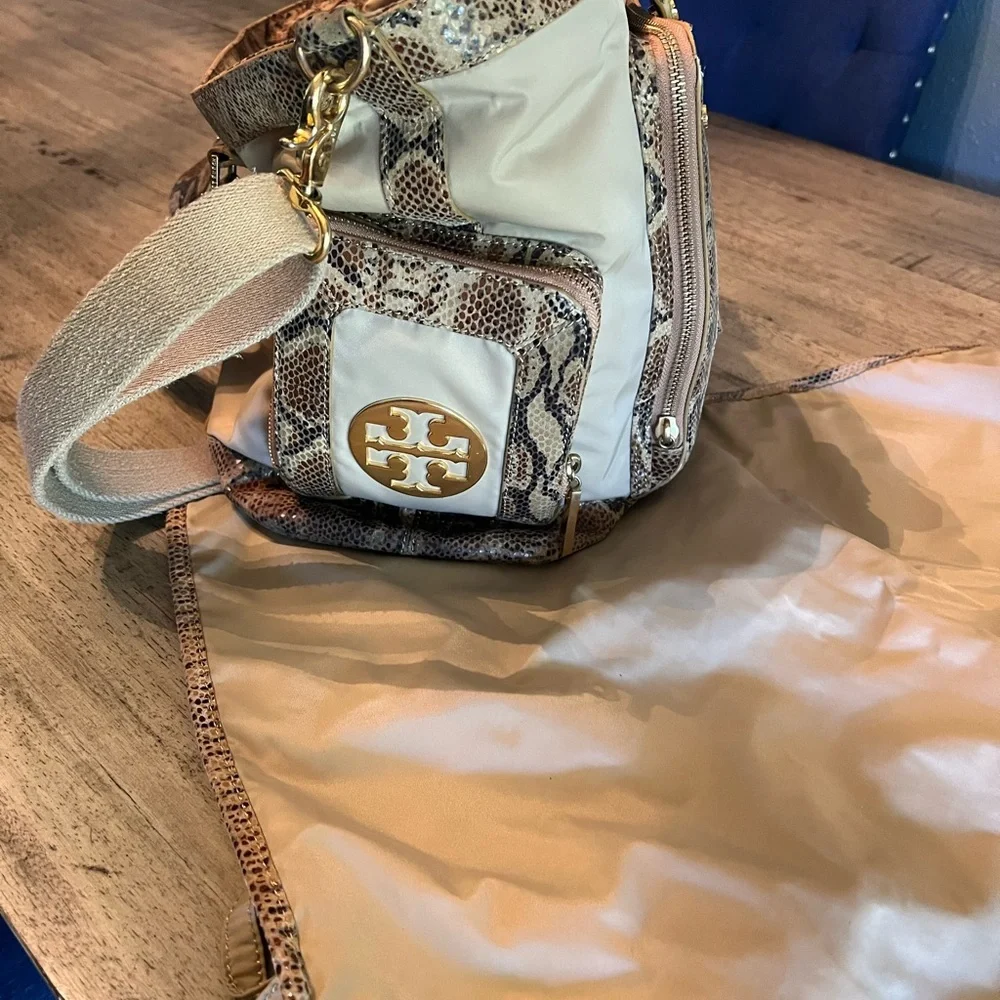 Tory Burch Beige Canvas Baby Bag with Snake-Print Trim